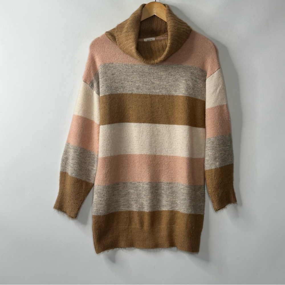 Debut Womans Striped Sweater Cowl Neck Cozy Soft Pink Grey Brown Size S/M